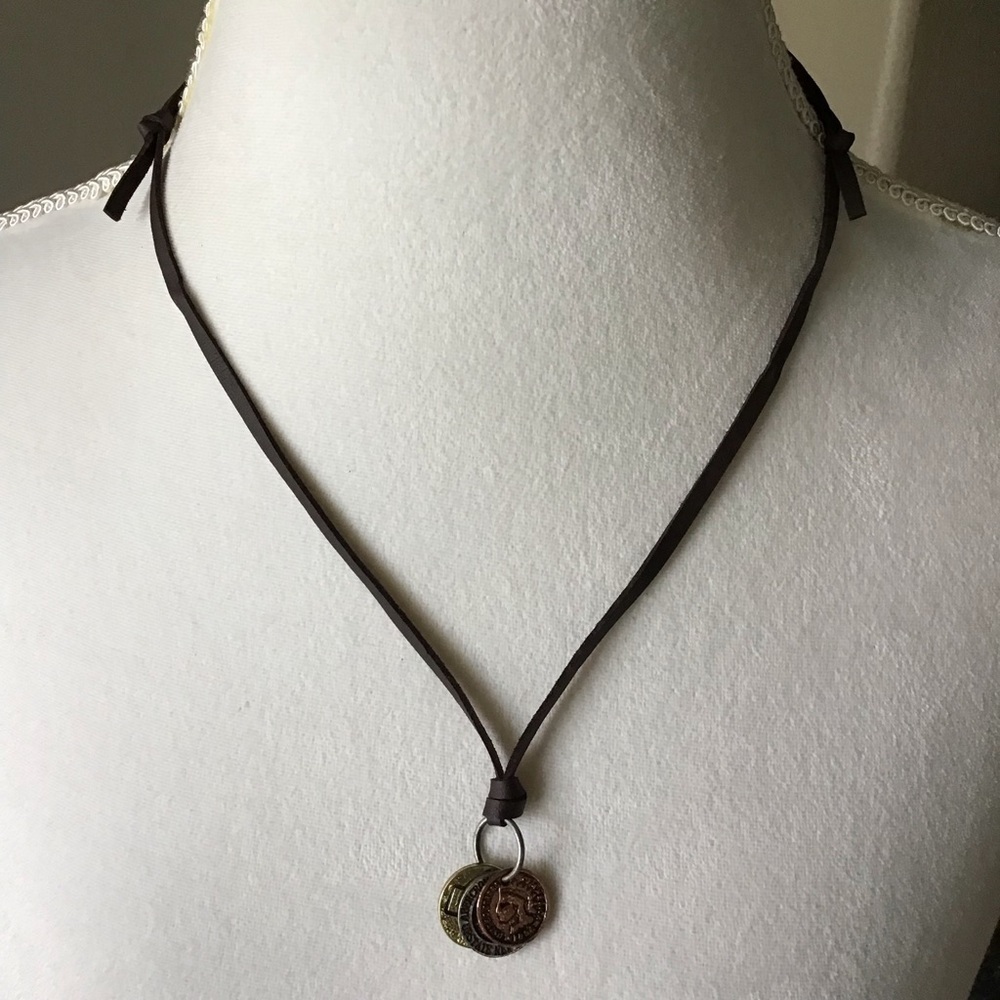 Leatherette ADJUSTABLE Necklace 3 Faux Coins Surfer Boho Style Unisex Slide NEW - Picture 7 of 13